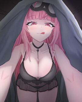 1girls blanket blush breasts choker cleavage eyebrows_visible_through_hair female female_only heart-shaped_pupils hololive hololive_english hololive_myth huge_breasts licking_lips light-skinned_female light_skin looking_at_viewer mori_calliope mori_calliope_(sleepwear) nose_blush pajamas pov sleep_mask solo symbol-shaped_pupils under_blanket viewer_pov virtual_youtuber yahnuko