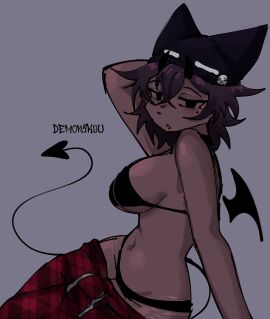 beanie big_breasts bikini black_bikini black_panties breasts brown_hair demon demon_girl demon_horns demon_tail demonikyu demonispicy female hand_on_head horns large_breasts looking_at_viewer lying lying_down open_mouth panties pants_pulled_down seducing seduction seductive seductive_eyes seductive_gaze seductive_look seductive_pose short_hair side_view sideboob sitting suggestive suggestive_look suggestive_pose suggestive_posing waist