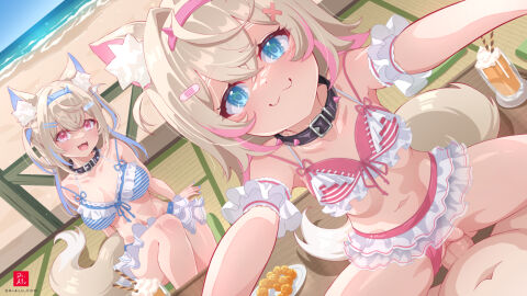 1boy 2girls animal_ear_fluff animal_ears bandaid bandaid_hair_ornament beach belt_collar black_collar blonde_hair blue_eyes blue_hair blue_hairband blue_nails breasts collar colored_inner_animal_ears dog_ears dog_girl dog_tail doughnut dr-alu female food fuwamoco fuwawa_abyssgard hair_ornament hairband hololive hololive_english hololive_english_-advent- horn_hairband large_breasts long_hair male milkshake mococo_abyssgard multicolored_hair multiple_females multiple_girls nail_polish navel open_mouth outdoors pink_eyes pink_hair pon_de_ring sex siblings sisters spiked_collar spikes streaked_hair swimsuit tail twins virtual_youtuber x_hair_ornament