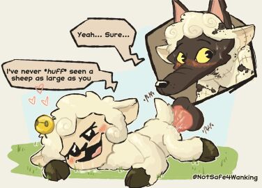 anthro ass balls bodily_fluids bovid canid canine canis caprine clothed clothing digital_media_(artwork) duo english_text erection female fur genital_fluids genitals hair hi_res male male/female mammal nameless_character notsafeforwanking nude penetration penile penis pussy sex sheep simple_background tail text vaginal_penetration wolf