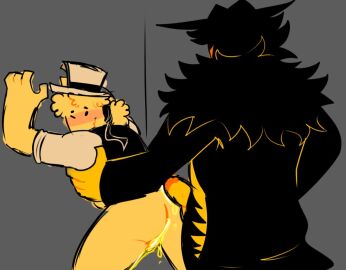 blush closed_eyes consigliere_(forsaken) dream_game fedora forsaken_(roblox) hat headwear johndgoonmaster mafioso_(dream_game) mafioso_(forsaken) no_pants peeing peeing_on_ass pissing_on_ass roblox urine yellow_body yellow_skin