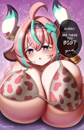 1girls bell big_breasts bikini blue_hair breast_squeeze breasts breasts_bigger_than_head cow_ears cow_girl cow_print cow_print_bikini english_text female female_only fraxstars genshin_impact hair_ornament horns hoyoverse huge_boobs huge_breasts inconvenient_breasts large_breasts pink_hair plump pressing_breasts_together purple_eyes squeezing_breast twin_braids two-tone_hair varesa_(genshin_impact) violet_eyes