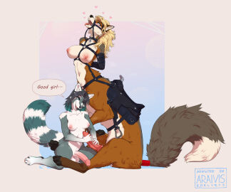 2024 4_toes 5_fingers animal_genitalia animal_penis anthro anthro_on_taur araivis-edelveys areola arms_tied balls blonde_hair blue_eyes bound breasts brown_body brown_fur canid canid_taur canine canine_genitalia canine_penis canine_taur canis countershade_torso countershading dialogue duo english_text feet fingers fox fox_taur fur futa/futa futa_on_anthro futa_on_taur futanari genitals grey_hair hair hand_on_penis handjob hands_behind_back harness heart_symbol hi_res highlights_(coloring) hybrid hybrid_taur intersex intersex/intersex intersex_on_anthro intersex_on_taur knot looking_down looking_pleasured looking_up mammal mammal_taur markings navel nipples nude open_mouth open_smile penile penis procyonid raccoon reiklo saddle sex simple_background sitting smile speech_bubble striped_markings striped_tail stripes tail tail_markings taur teeth text toes tongue tongue_out trans_woman transfem wolf wolf_taur yuna_(kalofoxfire)