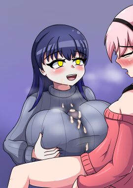 1futa 1girls black_hairband blue_hair blue_sweater blush bottomless breasts closed_eyes clothed clothed_paizuri clothing cum cum_on_breasts female female_on_futa futa_on_female futanari hairband huge_breasts intersex iyowa_girls long_hair makiri_(iyowa) mercy_killing_(vocaloid) muko_(iyowa) muko_no_anata_(vocaloid) mv_character open_mouth paizuri paizuri_under_clothes partially_clothed pink_hair pink_sweater redleaf64 short_hair sweater vocaloid yellow_eyes yuri