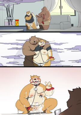 anthro ass balls belly black_body blush bodily_fluids bondage bottomwear bulge canid canine canis cellphone chest_fondling chest_grab clothed clothing collar comic crouching cuff_(restraint) cum cum_on_arm cum_on_ass cum_on_belly cum_on_body cum_on_butt cum_on_face cum_on_ground cum_on_leg domestic_dog domestic_pig drooling duo electronics erection foreskin foreskin_play foreskin_pull fur furniture gag gagged genital_fluids genitals gesture hand_gesture hi_res holding_cellphone holding_object holding_phone humanoid_genitalia humanoid_penis hypnosis hypnotic_gas identification inside male male/male mammal mind_control nipple_piercing nipple_pump nipple_ring nipple_suckers nipples nude open_curtains open_mouth open_smile orange_body overweight overweight_male penis phone piercing pig qqmelon888 raised_clothing raised_topwear recording restraints ring_gag ring_piercing saliva shirt shorts small_penis smile sofa spiral_eyes suid suina sus_(pig) sweat syanding t-shirt tongue tongue_out topless topwear uncircumcised underwear v_sign window yellow_body yellow_fur