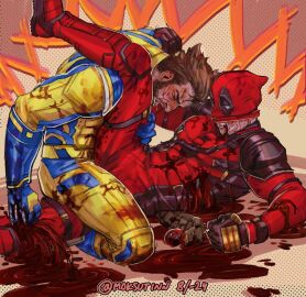 2boys bara blood_splatter blush claws deadpool deadpool_&_wolverine_(2024) gay gore guro imminent_sex leg_up logan_(x-men) male male/male male_only male_ryona marvel marvel_comics masked_male moksutinn muscular muscular_male open_mouth stab superhero_costume violence wade_wilson wolverine_(x-men) x-men yaoi
