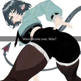 ass english_text female jane_doe_(zenless_zone_zero) looking_at_viewer looking_back solo tail teasing thighs zenless_zone_zero