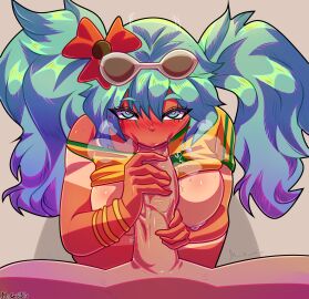 1boy 1girls big_penis blowjob blowjob_face blush blush_lines blushing_at_viewer brazil brazilian brazilian_female brazilian_miku breasts cyan_eyes cyan_hair fellatio female flower_in_hair hatsune_miku heart-shaped_pupils jewelry latin_american_hatsune_miku_(meme) light-skinned_male light_skin looking_at_viewer male mrguiblu oral oral_sex penis pov shirt shirt_lift shirt_up sucking sucking_penis sunglasses sunglasses_on_head sweat sweating tan_body tan_lines tanned tanned_female tanned_skin vocaloid