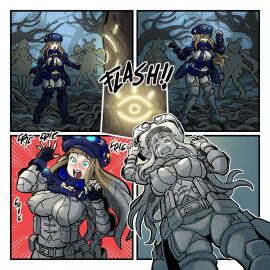 armor blonde_hair blue_eyes breasts cleavage death female female_death hat highres long_hair non-web_source original original_character panties petrification surprised underboob underwear weapon