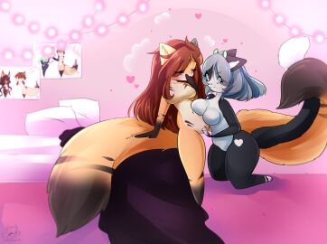 2_tails anthro bedroom breasts brown_hair canid canine covering covering_mouth duo entwined_tails eyewear facial_markings featureless_breasts felid female female/female fennec_fox finger_fuck fingering fox glasses green_horn hair head_markings heart_symbol hi_res horn kitt_(saltypeachies) long_hair long_tail mammal markings multi_tail nude pussy saltypeachies short_hair silver_hair tail tail_coil true_fox vaginal_penetration vixira_(syrup-taifh)