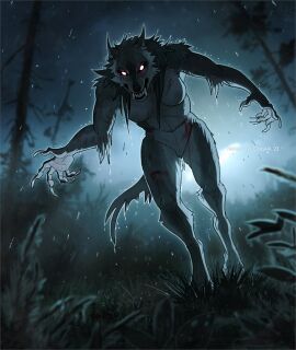 2023 5_fingers anthro arm_scar arm_tuft artist_logo artist_name black_nose bodily_fluids breast_scar breasts canid canine canis cheek_tuft chest_tuft claws cloud detailed_background digital_media_(artwork) elbow_tuft eye_scar facial_scar facial_tuft fangs feet female fingers forest fur glowing glowing_eyes grass grey_body grey_fur hair hi_res leg_scar light logo looking_at_viewer mammal moonlight muscular muscular_anthro muscular_female mythological_canine mythological_creature mythology natalie_de_corsair navel nude outside plant raha_(natalie_de_corsair) raining scar sky solo tail teeth thigh_scar toe_claws toes tree tuft water were werecanid werecanine werewolf wet wolf