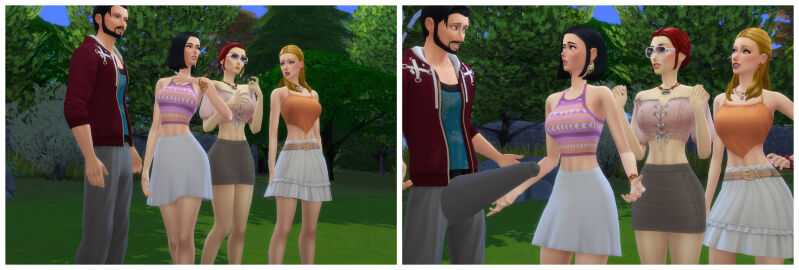 1boy 2024 3d 3girls beard big_penis black_hair blonde_hair bottomless bottomless_male breasts casual casual_exposure clothed_female clothed_female_nude_male curvy_female daytime dress erect_penis erection erection_under_clothes female fit fit_female fit_male fitness forest grabbing grabbing_penis grey_shirt huge_cock light-skinned_female light_skin male male/female matrixsims medium_breasts nude nude_male orange_topwear original_characters outdoors pale-skinned_female pale_skin park penis penis_awe pink_topwear pose posing red_hair sandals surprised surprised_expression sweatshirt tattoo tennis the_sims the_sims_4 white_shirt