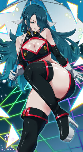 alternate_costume anti-demon_corps_uniform azuma_fubuki bare_shoulders big_breasts blue_eyes blue_hair breasts cleavage female gloves hair_over_one_eye large_breasts long_hair looking_at_viewer mato_seihei_no_slave milf skirt thick_thighs umbrella yamada_otonari