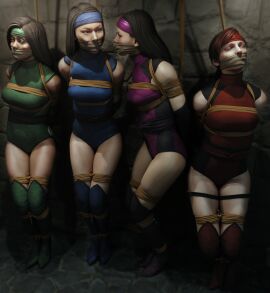 3d 4girls arms_behind_back blue_leotard bondage bound_arms bound_legs cloth_gag dark-haired_female dark_hair female female_only gag gagged green_leotard jade_(mortal_kombat) kitana leotard light-skinned_female light_skin mileena mortal_kombat multiple_females multiple_girls skarlet skvrwiel