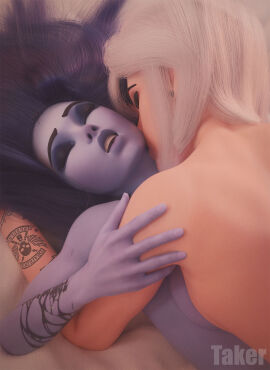 2025 2girls 3d amelie_lacroix areolae arm_tattoo ashe_(overwatch) bed blue_hair blue_skin blue_skinned_female breast_press breasts breasts_pressed_against_partner breasts_pressed_together closed_eyes completely_nude cuddling cute duo earrings elizabeth_caledonia_ashe eyeliner eyes_closed eyeshadow female female/female female_only hugging indoors kissing kissing_neck laying laying_on_back laying_on_bed laying_on_partner lesbian lesbian_sex long_hair makeup medium_hair missionary missionary_position mouth_open multiple_females multiple_girls neck_kiss nipples nude nude_female overwatch overwatch_2 passionate pleasure_face romantic sex takerskiy white_hair widowmaker winged_eyeliner yuri