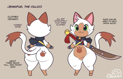 1girls anthro ass character_sheet cobatsart cute english_text felid feline felyne female female_only fur furry grey_background hi_res jennifur_(cobatsart) monster_hunter palico smiling solo sword text thick_ass thick_thighs white_fur