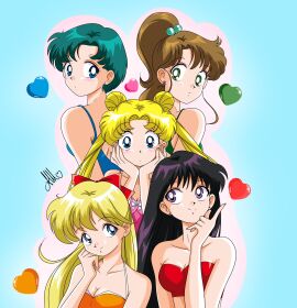 2d 5girls adult_swim alluring ami_mizuno anello81 bikini bishoujo_senshi_sailor_moon bishoujo_senshi_sailor_moon_r bishoujo_senshi_sailor_moon_r_the_movie bishoujo_senshi_sailor_moon_s bishoujo_senshi_sailor_moon_s_the_movie bishoujo_senshi_sailor_moon_supers bishoujo_senshi_sailor_moon_supers_the_movie black_hair blonde_hair blue_bikini blue_hair breasts brown_hair clothed clothed_female collarbone color cute double_bun earrings female female_only flower_earrings full_color green_bikini group_picture hair_bun hands_on_own_face heart highres jewelry looking_at_another looking_at_viewer makoto_kino medium_breasts minako_aino multiple_females multiple_girls non-nude orange_bikini parted_bangs pink_bikini purple_eyes red_bikini rei_hino smile stud_earrings swept_bangs swimsuit toei_animation toonami usagi_tsukino