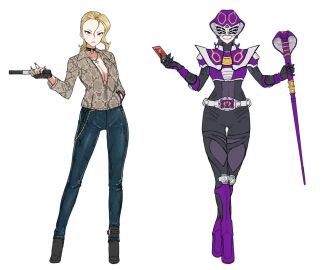 black_choker blonde_hair bodysuit cleavage cross_necklace eidenjyou1997 female genderswap genderswap_(mtf) kamen_rider kamen_rider_ouja kamen_rider_ryuki_(series) rule_63