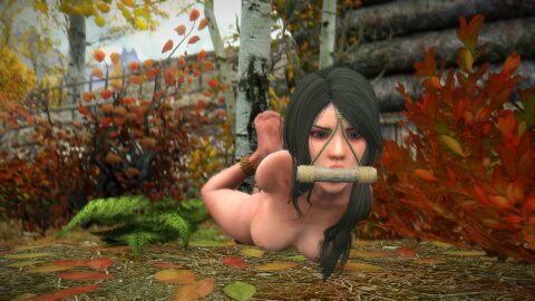 1girls 3d bit_gag black_hair bondage bound_ankles completely_nude female gag gagged hogtie m7seven nude nude_female skyrim
