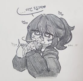 blowjob dalgik dalgik-chan disembodied_penis fully_clothed glasses heart heart-shaped_pupils korean_text long_hair male open_mouth original penis ponytail traditional_media_(artwork)