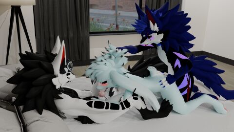 3d_(artwork) absurd_res anal anal_sex anthro bed blush digital_media_(artwork) double_penetration fellatio fluffy_ua from_behind_position from_front_position furniture group group_sex hi_res lagomorph leporid lying male male/male mammal novabeast novacat on_back on_front oral penetration penile rabbit rombocat sex threesome trio