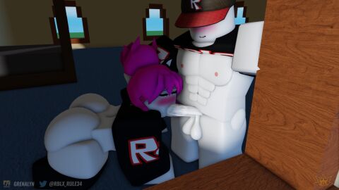 1boy 1girls 2021 3d ass balls bettybloxxer billybloxxer black_clothing bottomless female grena guest_(roblox) male muscular muscular_male nipples oral penis roblox robloxian shirt_lift tagme watermark white_skin