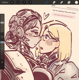 before_kissing bitepilled blonde_female blonde_hair blue_eyes blush dominant dominant_female female female_only gray_hair heart_symbol lucy_(reverse:1999) metallic_body pale-skinned_female pale_skin reverse:1999 robot robot_girl shy simone_(reverse:1999) teasing yellow_eyes yuri