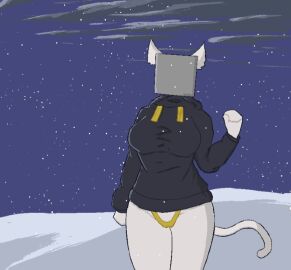 beloushka big_breasts breasts cat_ears cat_tail cube female grey_skin hoodie original original_character panties snow snowing veiro yellow_panties yellow_string