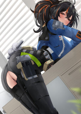 1girls ass ass_focus bent_over big_ass black_hair blush clothed female handlebar handles leaning_forward looking_at_viewer n9at nervous pants ponytail red_eyes red_hair solo table torn_clothes torn_pants zenless_zone_zero zhu_yuan