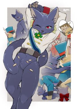 5boys absurdres anal animal arms_behind_head black_fur body_fur bottomless cat_boy chinese_commentary claws coat commentary_request completely_nude feline furry furry_male highres looking_at_viewer male male_focus multiple_boys multiple_males multiple_views neko_no_ongaeshi nude one_eye_closed paid_reward_available prince_lune red_eyes sex smile tail yaoi yrac