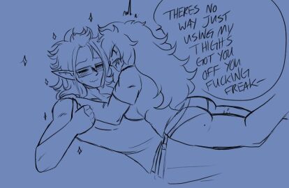 after_orgasm after_thighjob afterglow ass blush clothed couple cum_on_thighs demon demon_boy demon_on_human dragon_ball dragon_ball_heroes dragon_ball_xenoverse english_text female fu_(dragon_ball) glasses human maki_asabi_(peridoxikal) male mole_on_ass oc oc_x_canon open_mouth original_character panties pointy_ears shouting straight swearing thumbs_up tiddydoxikal