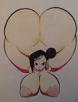 1girls ass black_eyes black_hair breasts colored_pencil_(artwork) colored_pencil_(medium) earring female hair_bun huge_ass large_areolae large_breasts original original_character s3_studios simple_background solo solo_female solo_focus traditional_drawing_(artwork) traditional_media traditional_media_(artwork) two-tone_hair