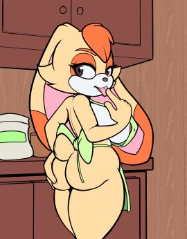 2025 anthro apron apron_only ass bedroom_eyes big_breasts breasts clothing female fours_(artist) fourssss fur hi_res inviting_to_sex inviting_viewer kitchen kitchen_counter lagomorph leporid mammal milf multicolored_body multicolored_fur narrowed_eyes posing_nude presenting presenting_hindquarters rabbit seductive sega solo sonic_(series) sonic_the_hedgehog_(series) two-tone_body two-tone_fur vanilla_the_rabbit