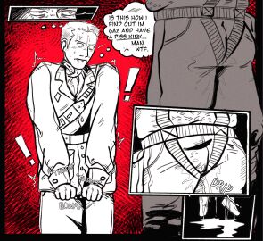 1boy comic comic_page comic_panel embarrassed male male_only metal_gear metal_gear_solid niakku peeing peeing_self revolver_ocelot urine