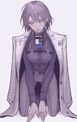 belt biting blush chief_(path_to_nowhere) clothed clothes clothing earrings female female_chief_(path_to_nowhere) female_focus female_only jacket kneeling okkoooome on_knees path_to_nowhere slim_waist