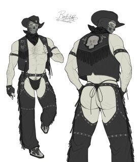 ass bara black_nails call_of_duty call_of_duty_modern_warfare_2_(2022) cowboy cowboy_hat cowboy_outfit fingerless_gloves g_string ghost_(modern_warfare_2) gloves hair hairy happy_trail looking_at_viewer male male_focus male_only mask muscles muscular muscular_male nipple_piercing nipples piercing rottansfw simon_riley skull_mask straps thong yaoi