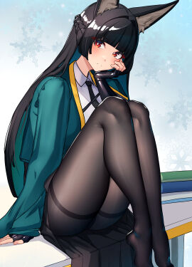 1girls absurdres animal_ear_fluff animal_ears black_gloves black_hair black_necktie black_pantyhose blunt_bangs blush closed_mouth desk dress_shirt female fingerless_gloves fox_ears fox_girl gloves green_jacket highres hoshimi_miyabi jacket long_hair looking_at_viewer necktie nicchi nichesnake no_shoes on_desk pantyhose red_eyes shirt sitting solo thighs white_shirt zenless_zone_zero