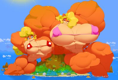 2girls abs biceps bikini blonde_hair breasts coco_bandicoot commoddity crash_(series) female hair long_hair muscles muscular muscular_arms muscular_female muscular_legs muscular_thighs pecs tawna_bandicoot