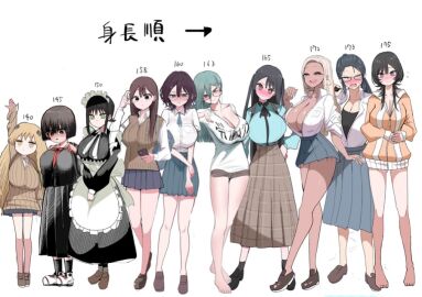10girls big_breasts black_hair blonde_hair breasts chiisai_gyaru dark_skin female glasses gyaru japanese_text lineup maid measurements shortstack translated zurikishi