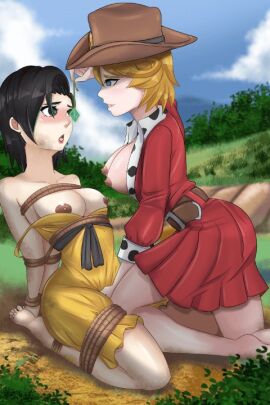 2girls blank_eyes bondage damsel_in_distress dark_nipples exhibitionism exhibitionist female hypnosis hypnotized spiral_clicker yellow_dress