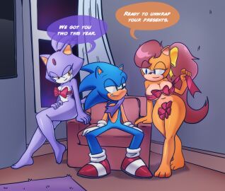 almost_naked almost_nude big_breasts birthday blaze_the_cat breasts living_room polyamory sega sonic_(series) sonic_the_hedgehog sonic_the_hedgehog_(series) sonic_x-treme thick_thighs threesome tiara_boobowski xao_art