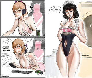 2girls angry artist_name big_breasts black_hair breasts brown_eyes brown_hair cat_ear_headphones chair cleavage clothing competitive computer desktop electronics english_text female female_only gamer_girl gamer_rage gaming headphones hi_res human keyboard laundry leaning_forward legs leotard light-skinned_female light_skin maid maid_headdress megami_tensei monster_energy monster_energy_can mouse_(computer) multiple_females multiple_girls nipple_bulge pale_skin persona persona_3 persona_3_reload persona_5 phone playing_videogame ragecndy sadayo_kawakami semi_nude sketch strap_slip teacher text thighs toriumi_isako