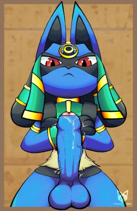 2024 3_fingers absurd_res aiex571 ankha_zone anthro balls big_balls big_eyes big_penis biped black_body black_fur black_inner_ear blue_balls blue_body blue_ears blue_fur blue_penis bodily_fluids bottomless bracelet canid canine chest_spike clothed clothing colored crossed_arms digital_drawing_(artwork) digital_media_(artwork) egyptian egyptian_clothing erection facial_markings fingers foreskin fur generation_4_pokemon genital_fluids genitals glans gloves_(marking) gold_(metal) gold_jewelry half-length_portrait hand_spike head_markings headdress hi_res holowear_(pokemon) humanoid_genitalia humanoid_penis jewelry leaking_precum looking_at_viewer looking_down looking_down_at_viewer lucario male mammal markings mask_(marking) motion_lines multicolored_body multicolored_fur navel nintendo partially_retracted_foreskin paws penis pink_glans pokemon pokemon_(species) pokemon_unite portrait precum presenting presenting_balls presenting_penis pupils red_eyes ruins_style_lucario saggy_balls signature simple_background slit_pupils small_waist solo spikes spikes_(anatomy) standing tan_body tan_fur vein veiny_penis watermark