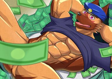 abs anthro boris_(ore_no_animism) canid canine canis domestic_dog german_shepherd male male_only money muscular muscular_male ore_no_animism pecs