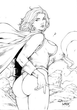 ass big_ass big_breasts black_and_white blonde_hair blue_eyes breasts bubble_ass bubble_butt dc dc_comics female huge_ass karen_starr large_ass large_breasts legs leo_matos looking_pleasured power_girl signature superman_(series) text thick_ass thick_thighs