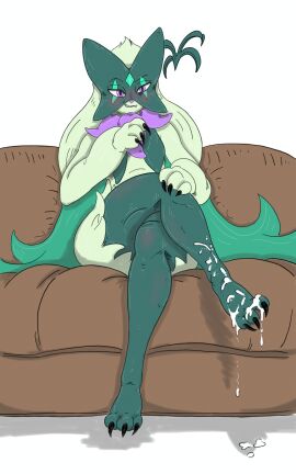 absurd_res ambiguous_gender anthro black_claws blush bodily_fluids claws crossed_legs cum cum_on_feet feet foot_fetish fur furniture generation_9_pokemon genital_fluids green_body green_fur hi_res looking_at_viewer mask meowscarada nintendo on_sofa pheroviran pokemon pokemon_(species) pupils purple_eyes purple_nose shiny_meowscarada shiny_pokemon simple_background sitting sitting_on_sofa slit_pupils sofa solo thick_thighs white_background wide_hips