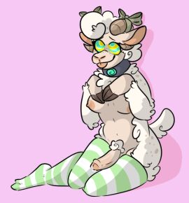 anthro blep bovid bow_ribbon breasts caethe_(duchessofdooks) caprine captaincronus clothing collar english_description ewe fur futanari genitals horn humanoid_genitalia humanoid_penis hypnosis intersex legwear mammal mind_control on_ground penis pink_background pubes sheep simple_background solo story story_in_description tan_body thigh_highs tongue tongue_out trans_(lore) trans_woman_(lore) white_body white_fur