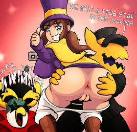 a_hat_in_time aged_up anus ass ass_grab big_ass big_breasts blue_eyes boots breasts brown_boots brown_hair female hat hat_adult hat_kid jacket large_ass large_breasts long_hair looking_at_viewer looking_back nipples nipples_visible_through_clothing pants pants_down pants_pull ponytail purple_hat purple_jacket pussy saittamicus smile smiling smiling_at_viewer the_conductor thumbs_up vaginal_penetration voluptuous voluptuous_female white_pants