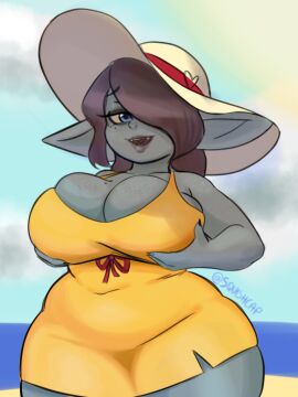 1girls ass beauty_mark big_breasts big_ears blue_eyes breasts brown_hair chubby chubby_female curvy curvy_figure female freckles goblin goblin_female grabbing_own_breast green_skin huge_ass huge_breasts large_breasts mole_on_breast nil_(imaginaricide) original original_character sharp_teeth shortstack squishcap_(artist) sundress sunhat thick_thighs twitter_username wide_hips