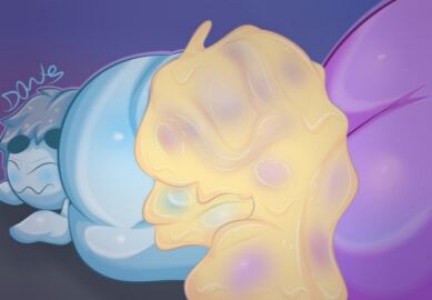 black_eyes blue_background blue_eyes closed_eyes closed_mouth creature full_body gradient gradient_background half-closed_eyes horns looking_at_viewer no_humans on_stomach pokemon_(creature) purple_background simple_background smile solo standing transparent umbrella